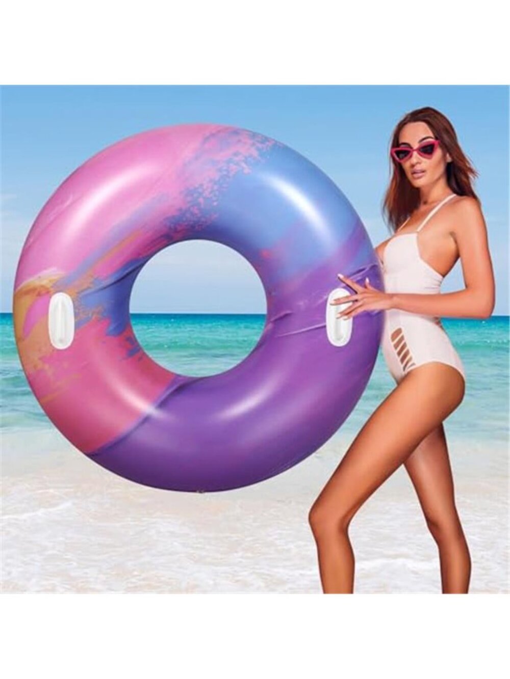 Adult Inflatable Pool Float Tube 42 Inch Swim Ring Handles Purple Pink Sunset
